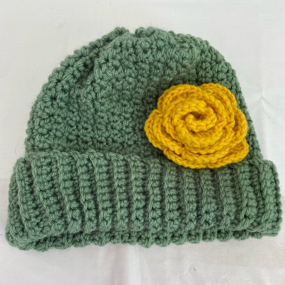 Handmade Crochet Beanie Hat Green with Yellow Flower — Cozy Retro Style
